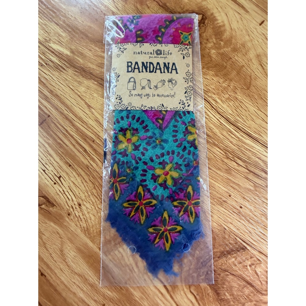NWT Natural Life Cotton Bandana Floral Print Frayed Edge Blue Turquoise Pink OS